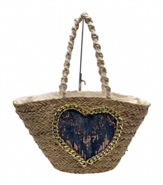 22168 Embellished Denim Heart Summer Beach Straw Bag Loowie