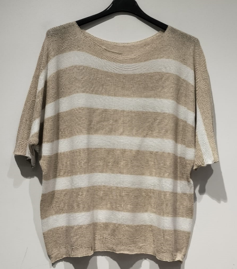 POSTBE Beige Striped Knit Printed Sweater LOOWIE