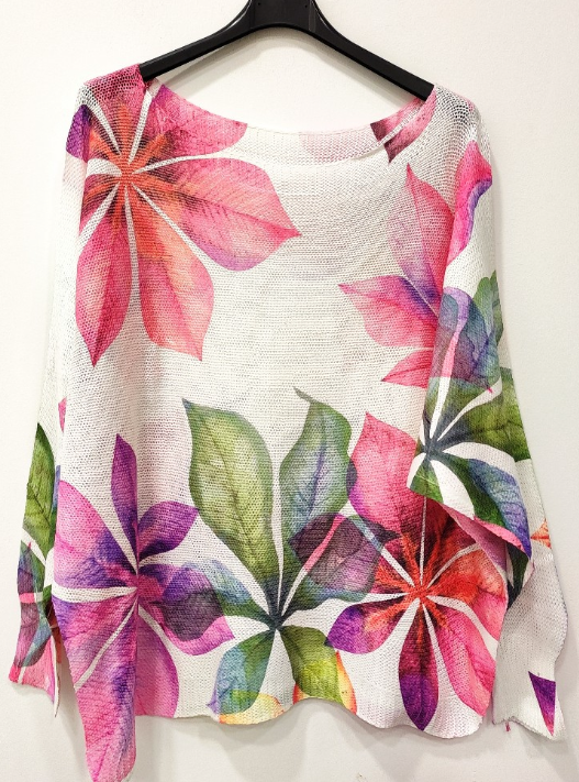 912F White Leaves Floral Round Knit Printed Sweater LOOWIE