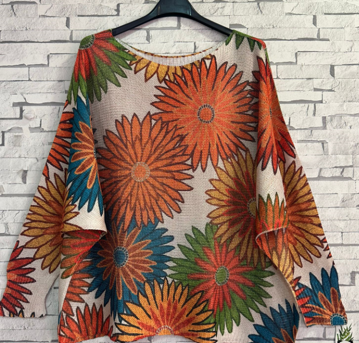 Z753 Orange Floral Round Knit Printed Sweater LOOWIE