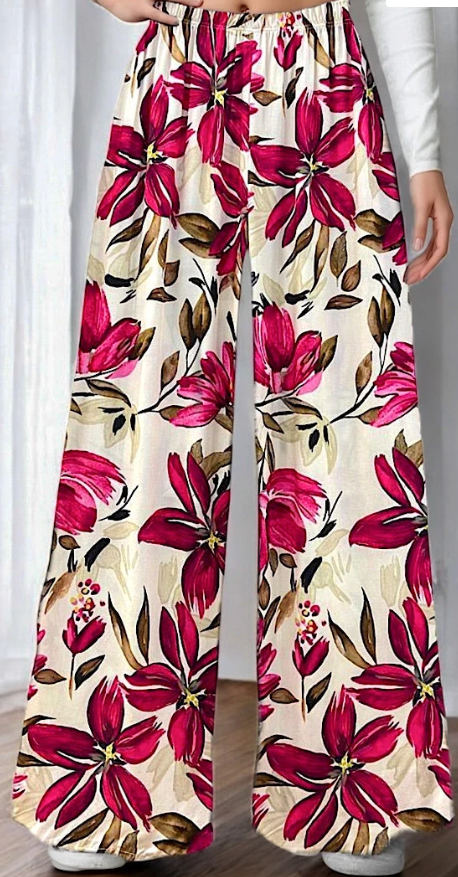 ELPBGF Italian Wide Legs Pink Floral Summer Pants LOOWIE