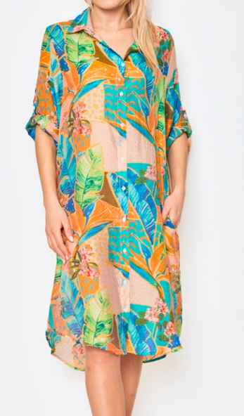 CIR201O Orange Silk Blend Tropical Collared Shirt Dress