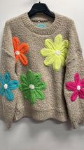 OF6 Colorful Fuzzy Taupe Floral Knitted Sweater LOOWIE
