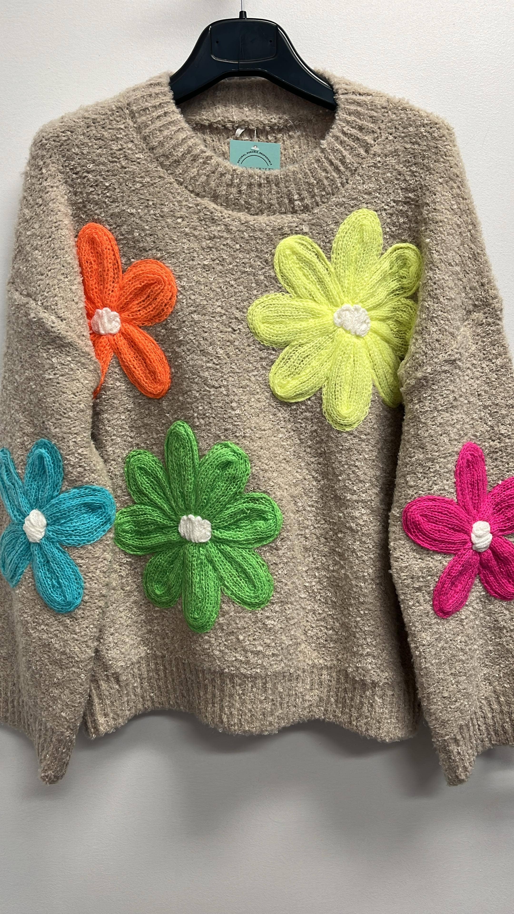 OF6 Colorful Fuzzy Taupe Floral Knitted Sweater LOOWIE