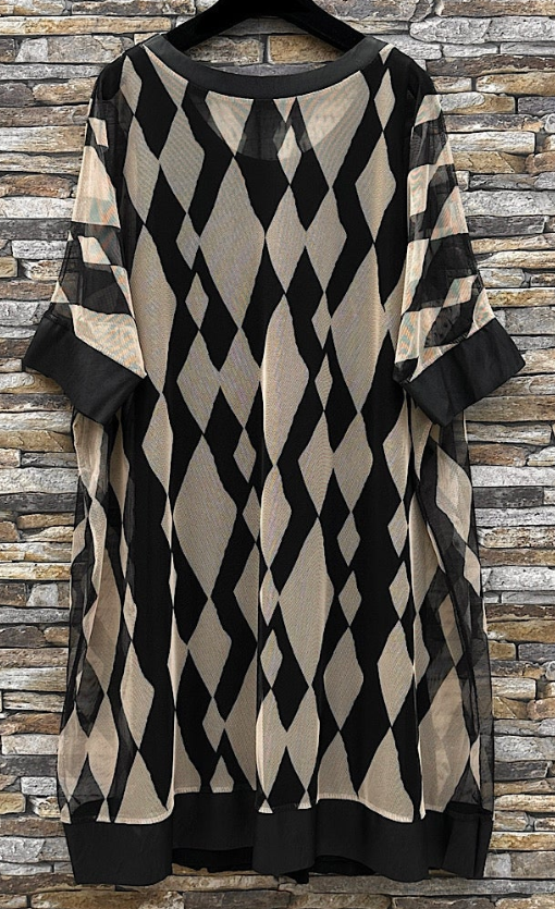E724G Geometric Print Dress with Vegan Leather Trim One Size