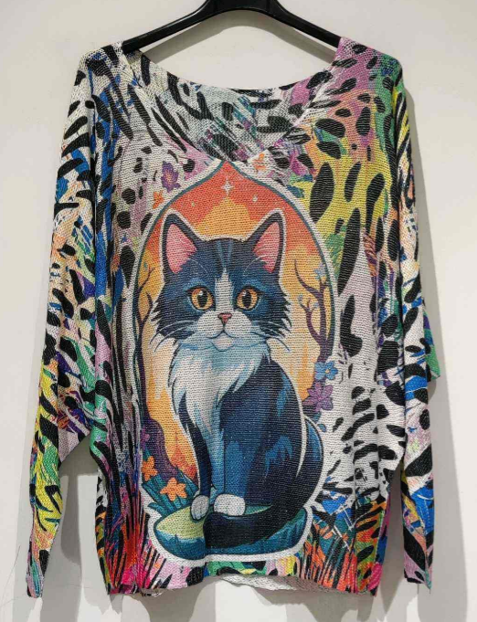POCATL Cat Animal Round Knit Printed Sweater LOOWIE