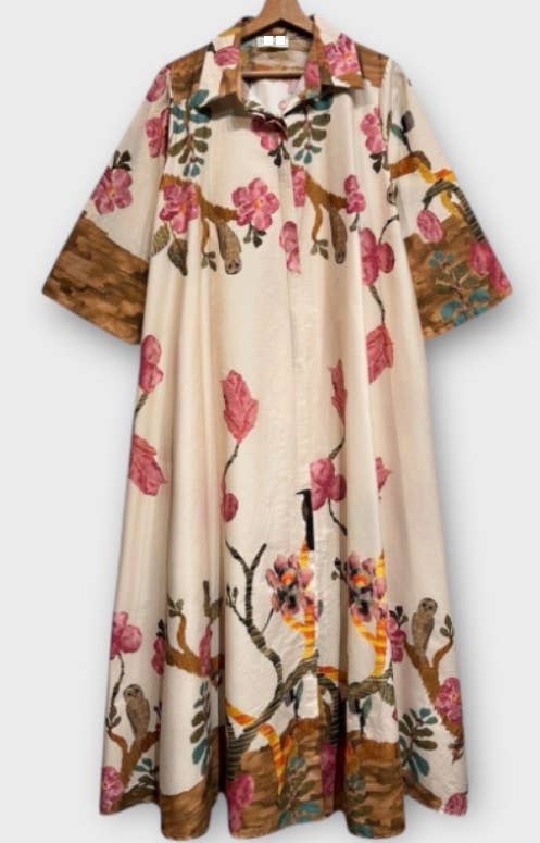 LFDBE One Size Beige Cotton Floral Dress Made in Italy