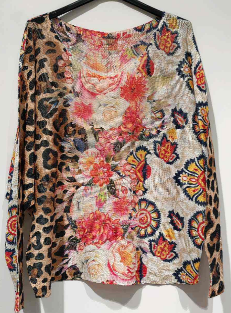 POLEO2 Leopard Floral Round Neck Knit Printed Sweater