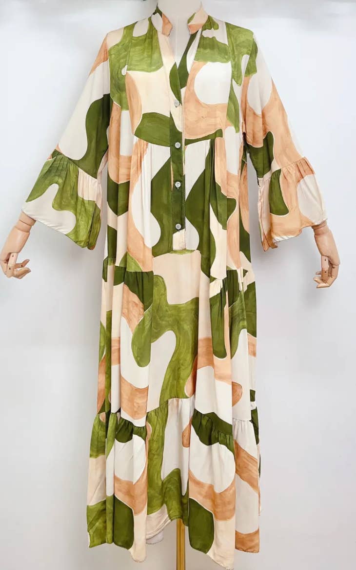 SV1A1 Italian One Size Olive Beige Abstract Maxi Dress