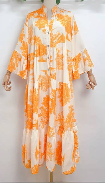 SV14F Italian One Size Orange Tree Maxi Dress LOOWIE
