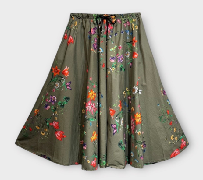 LFSO Italian Bright Olive Cotton Floral A-Line Skirt