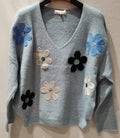 MC031 Blue Soft Comfy Sweater Embroidered Flowers LOOWIE