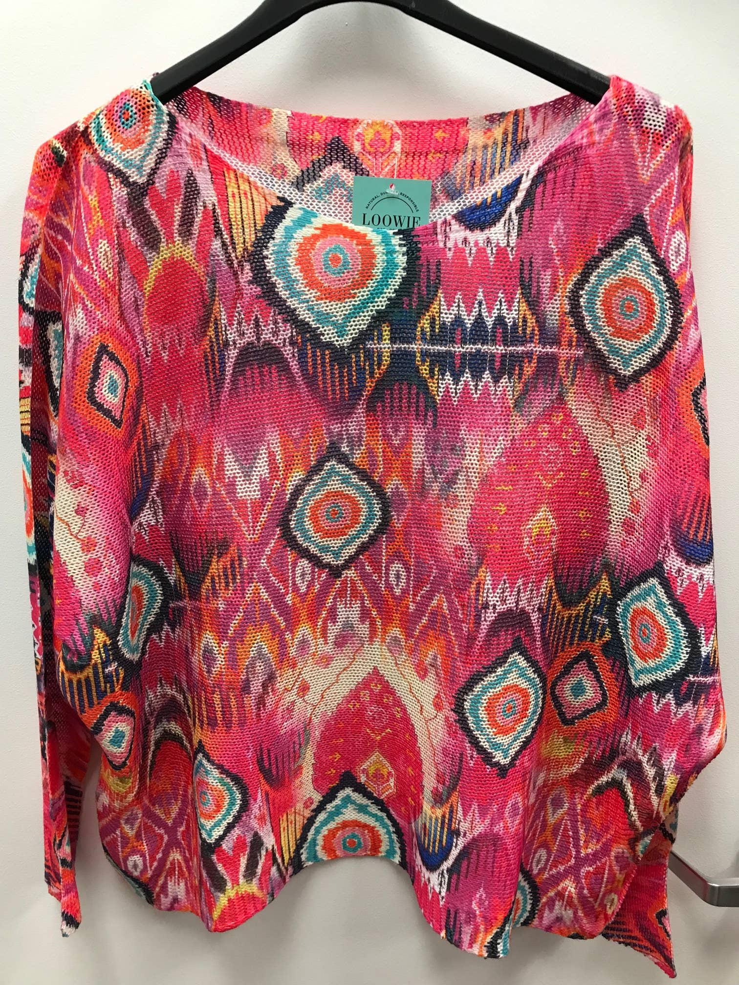 719 Fuchsia Tribal Ikat Round Knit Printed Sweater LOOWIE