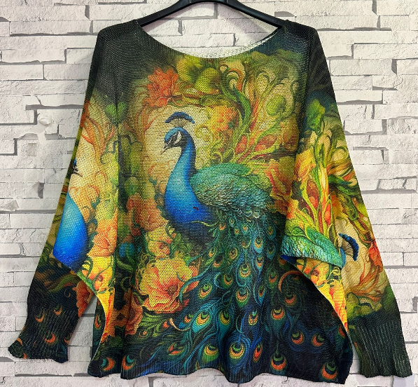 ZPEA2 Peacock Blue Yellow  Printed Knit Sweater LOOWIE