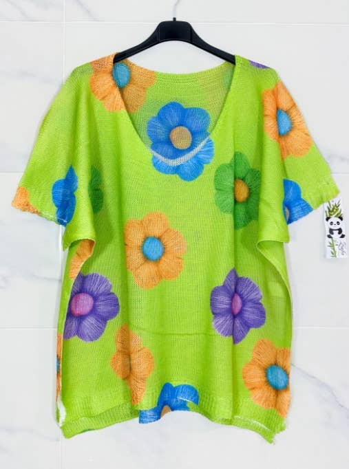 6220 Green Daisy  V-Neck Knit Printed Short Sleeves Sweater