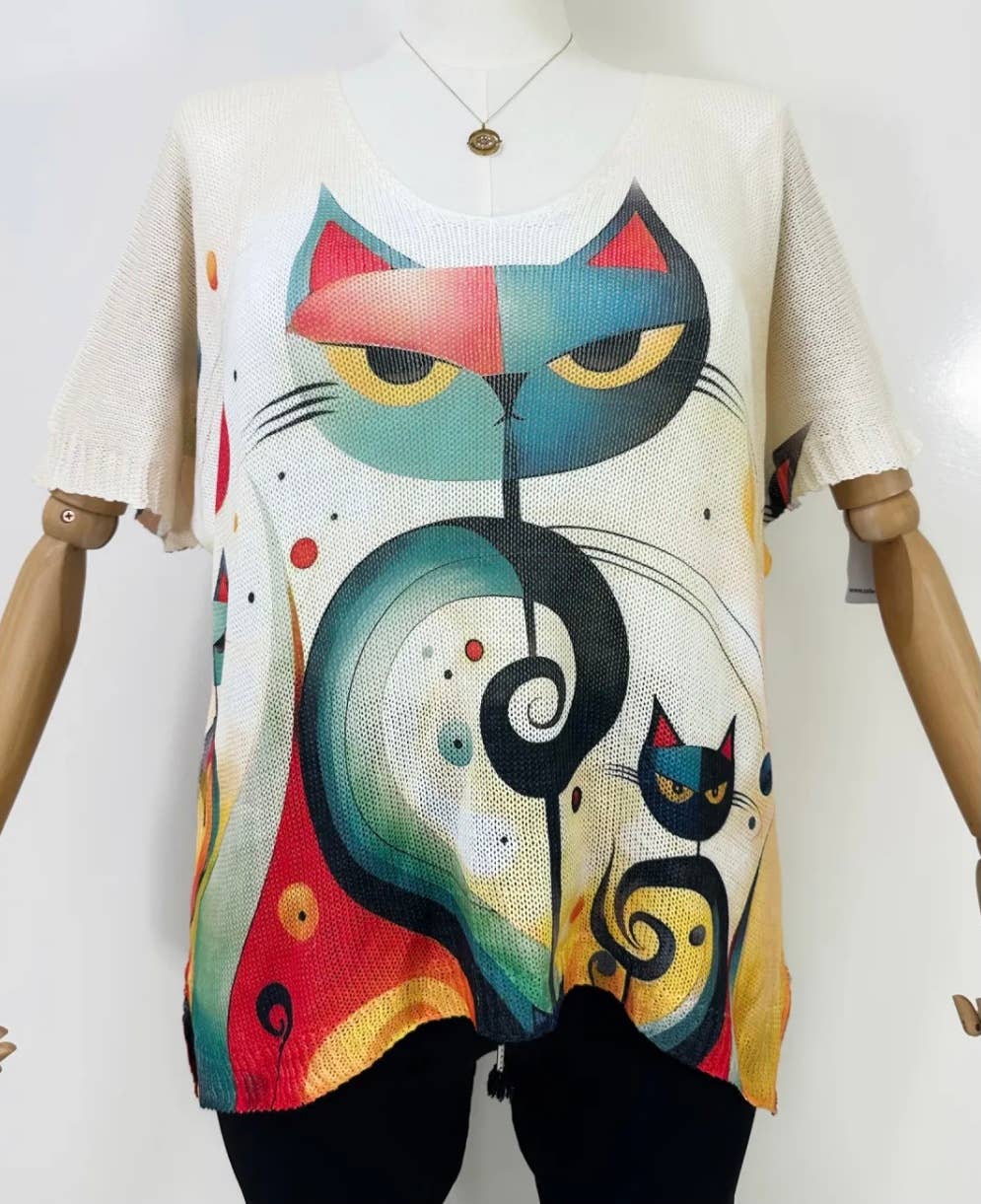 ZAANG Angry Cat V-Neck Knit Printed Short Sleeves Sweater