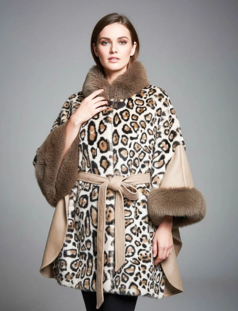 MCGBTLCC One Size Taupe Leopard Cape Coat w/ Faux Fur Collar