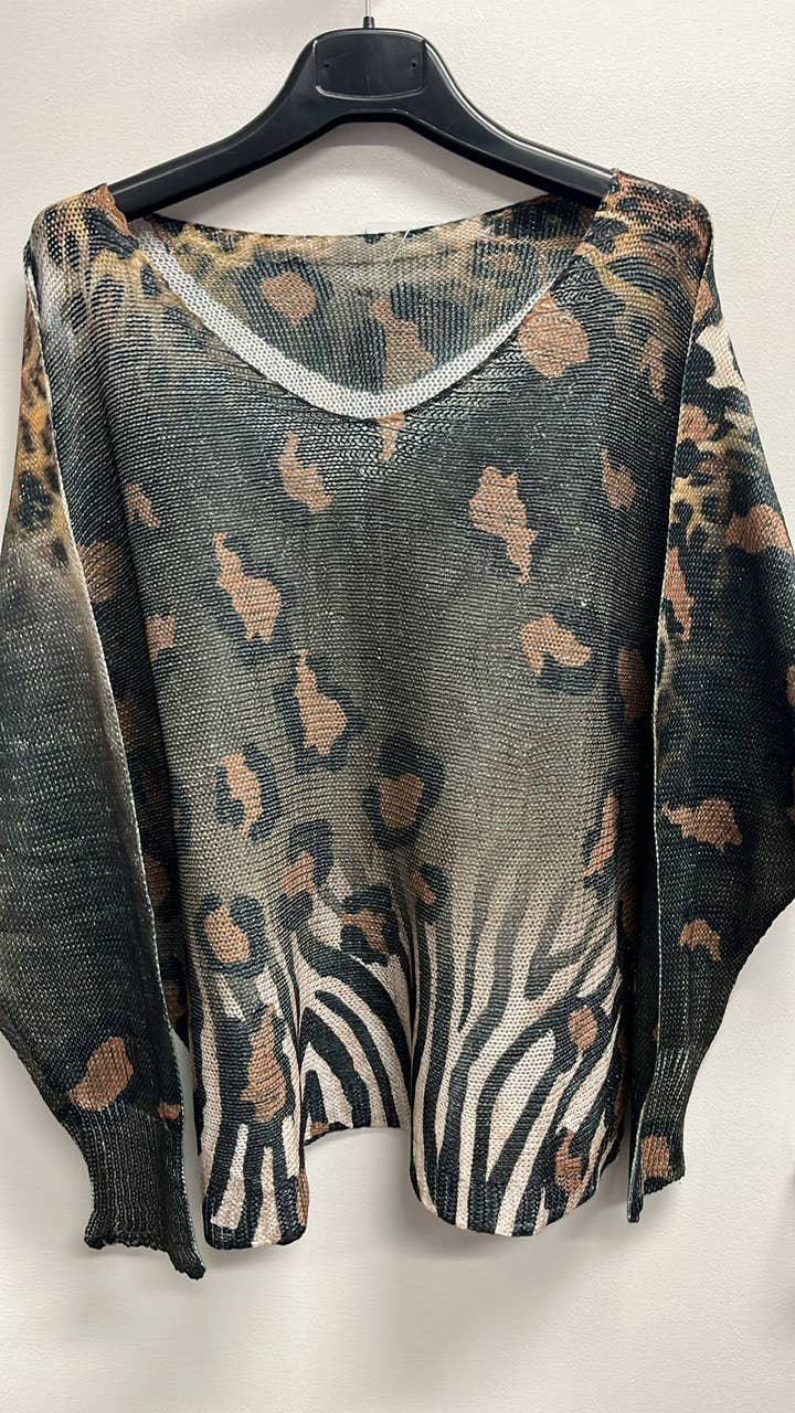 POLEOO Olive Leopard Fall V- Neck Knit Printed Sweater
