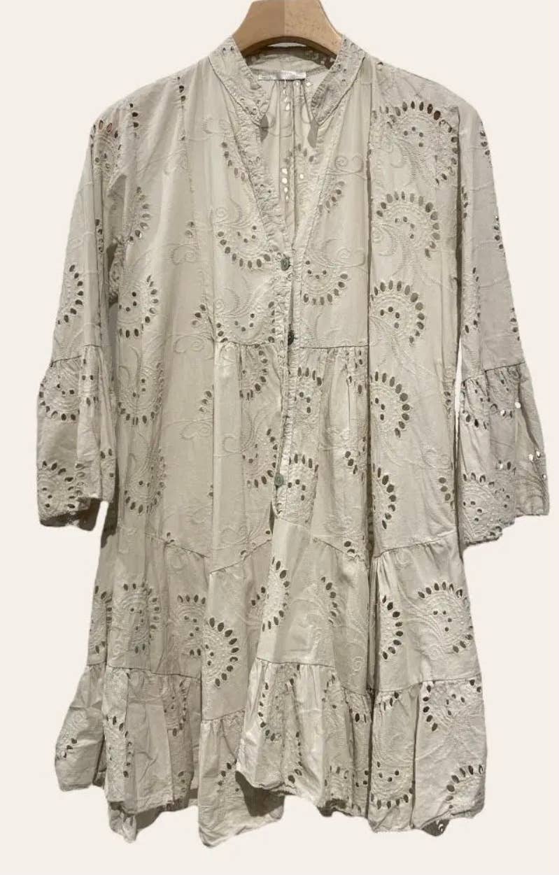 9802S Beige One Size Cotton English Embroidery Short Dress