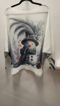 VISNO White Snowman Christmas Round Knit Printed Sweater