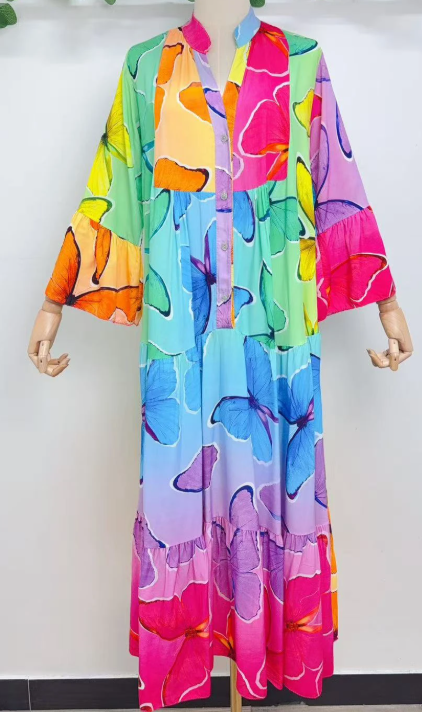 SVBP One Size Colorful Pink Butterfly Print Maxi Dress
