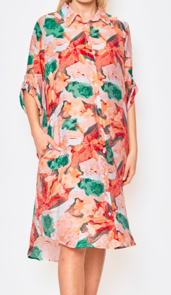 CIR201G Green Silk Blend Tropical Collared Shirt Dress