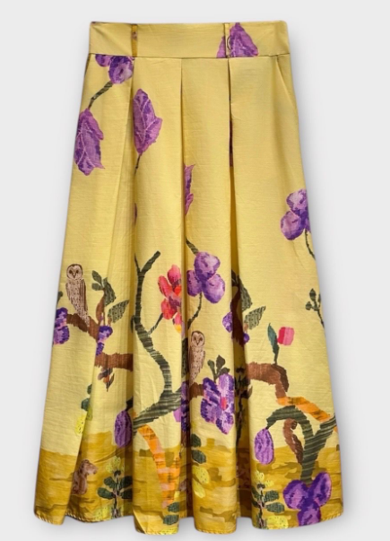 LFSY Italian Yellow Floral Patterned Cotton Pleated Skirt