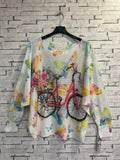 309 White Bicycle Butterfly Round Knit Printed Sweater