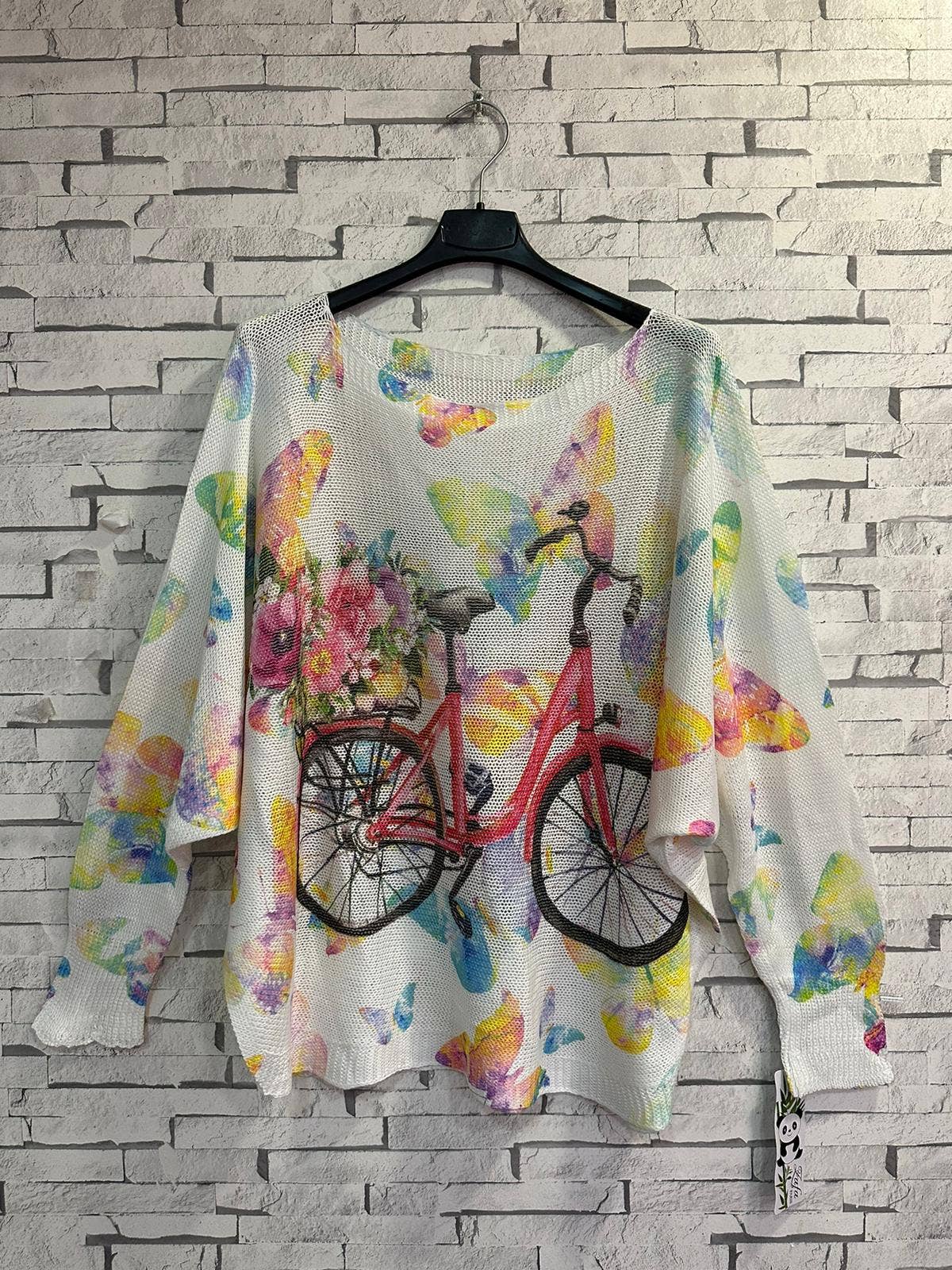 309 White Bicycle Butterfly Round Knit Printed Sweater