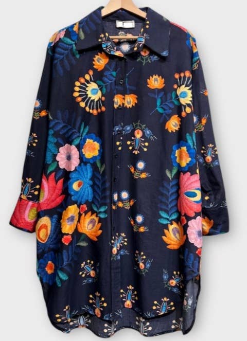 OF33N Italian Cotton Navy Floral Oversized Button Shirt