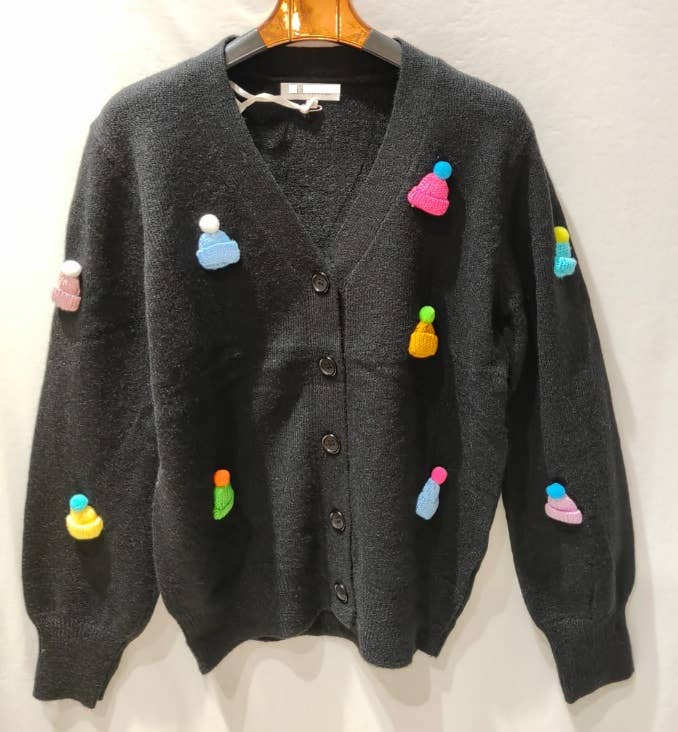 MC434 Black Knitted Cardigan with Colorful Pom-Pom Details