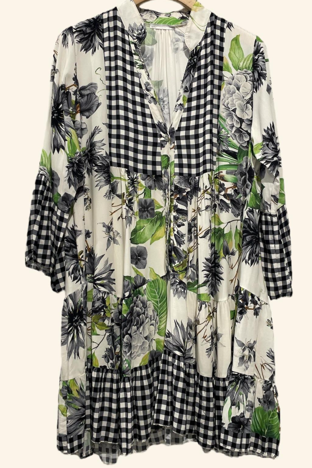 9802VB Black Floral and Gingham Tiered Dress LOOWIE