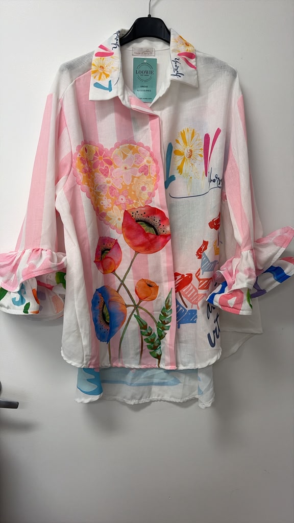 ZOPSPF Poppy Floral Striped Linen Shirt Pink