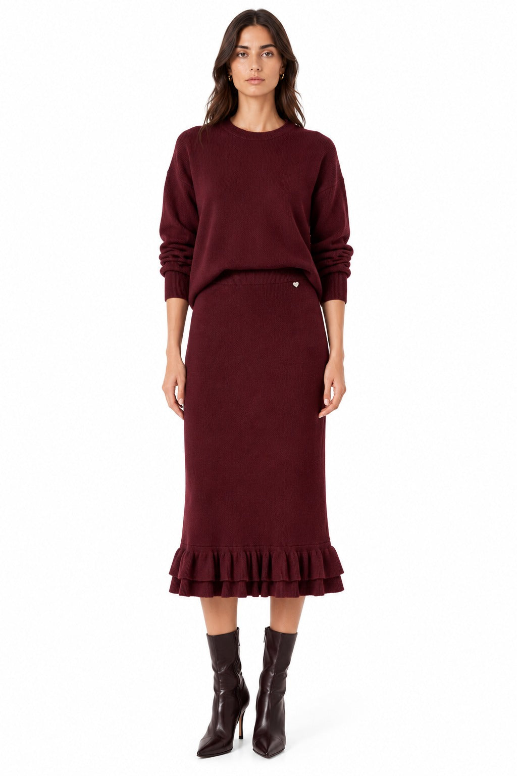 LULKS10 Burgundy Tiered Ruffle Skirt