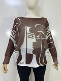 Z993 Brown Picasso Face Round Knit Printed Sweater LOOWIE