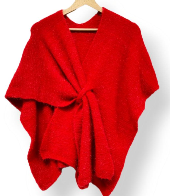 22234 Italian Knit Red Cozy Warm Poncho with Loop LOOWIE