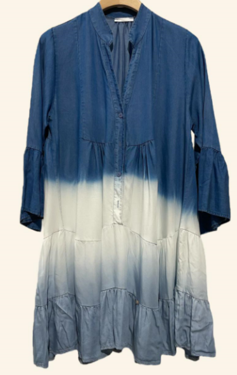 NBDEGB Italian Blue Ombre Tiered Dress with Ruffled Sleeves