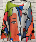 Z3004 Orange " Picasso" Round Knit Printed Sweater LOOWIE