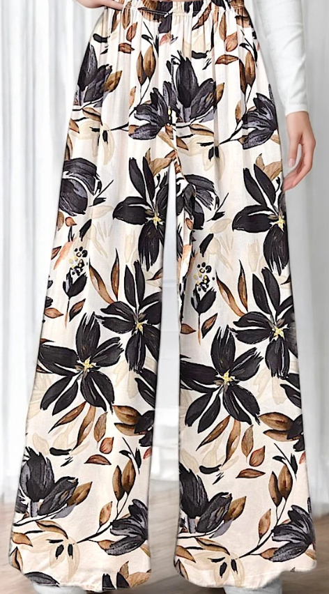 ELPBGB Italian Wide Legs Black Floral Summer Pants LOOWIE