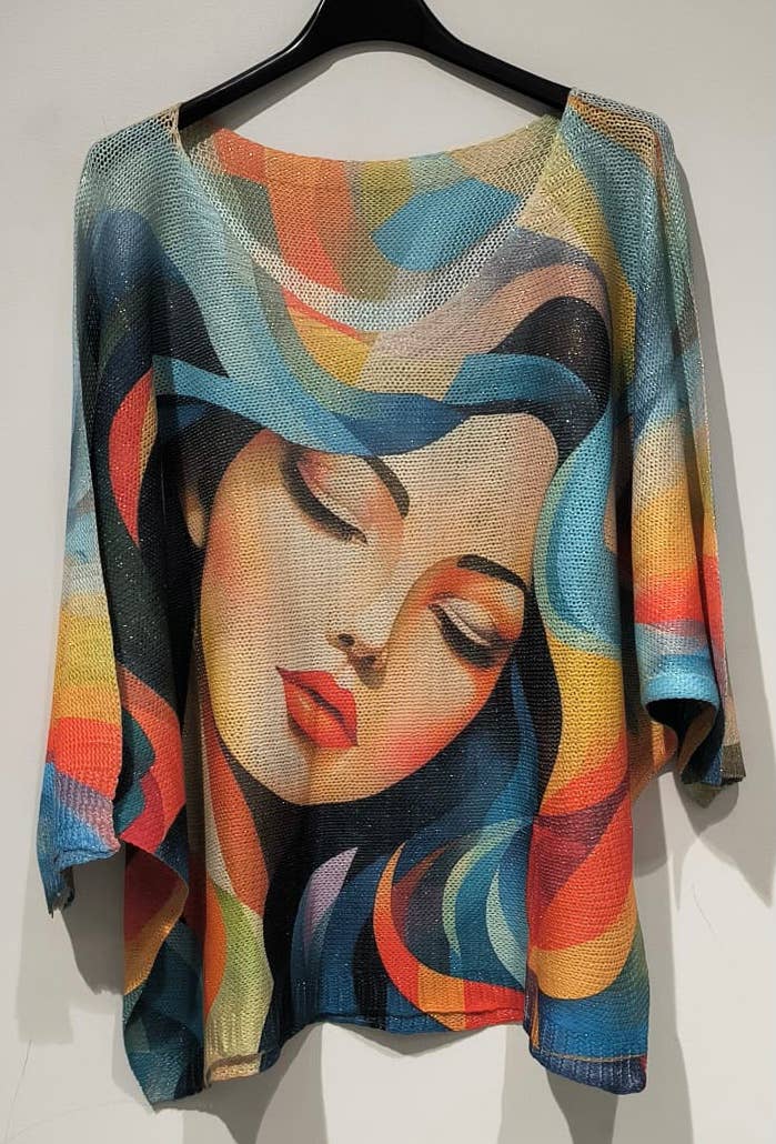 POLA Blue Lady Knit Printed Sweater 3/4 sleeves