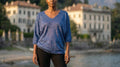 POSRB Italian One Size Royal Blue Shiny Knit V-Neck Sweater