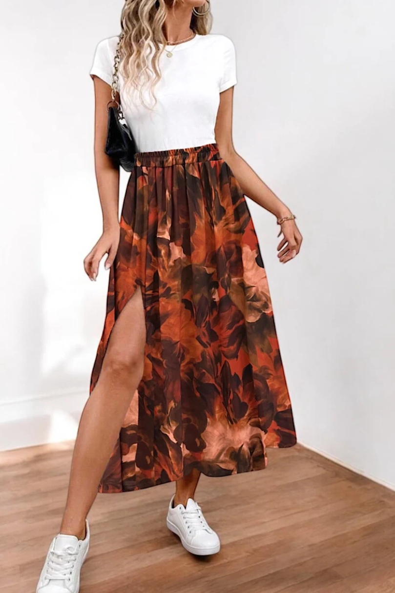 ESSBR One Size Italian Autumn Ember Floral Slit Maxi Skirt