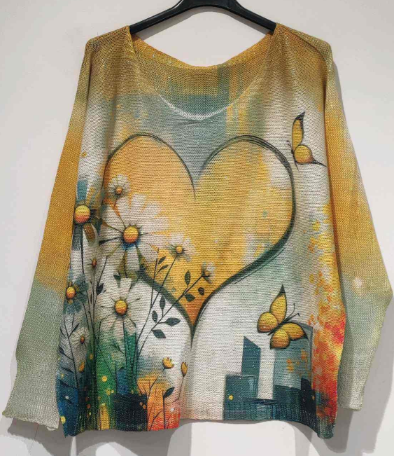 POHY Yellow Heart Round Knit Printed Sweater LOOWIE