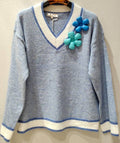 MC206 Blue Soft Comfy 3D Floral Sweater V-Neck LOOWIE