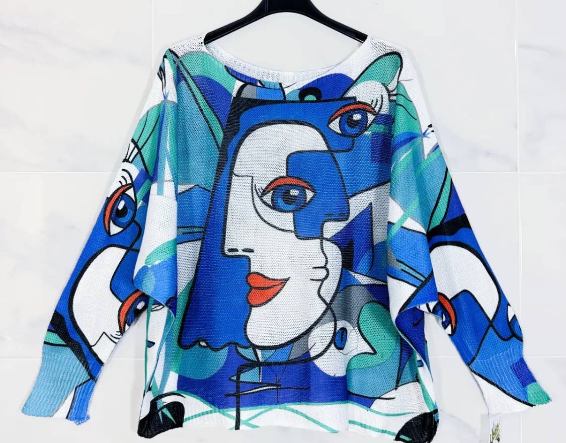 Z2002 Blue " Picasso" Knit Printed Sweater Long Sleeves