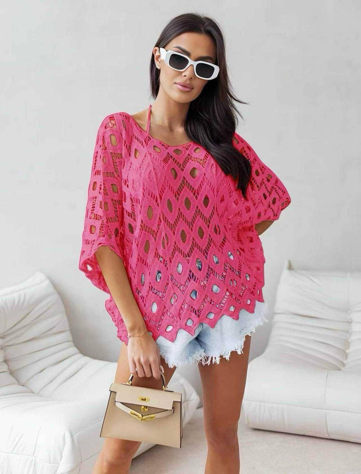 D030 Italian Fuchsia Cotton Crochet Open Beach Top LOOWIE