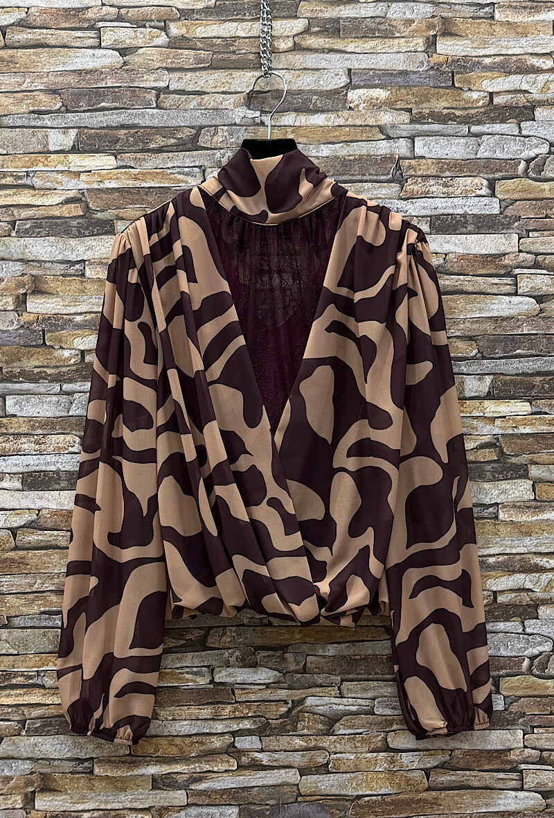 ES149 Brown Geometric Print Blouse