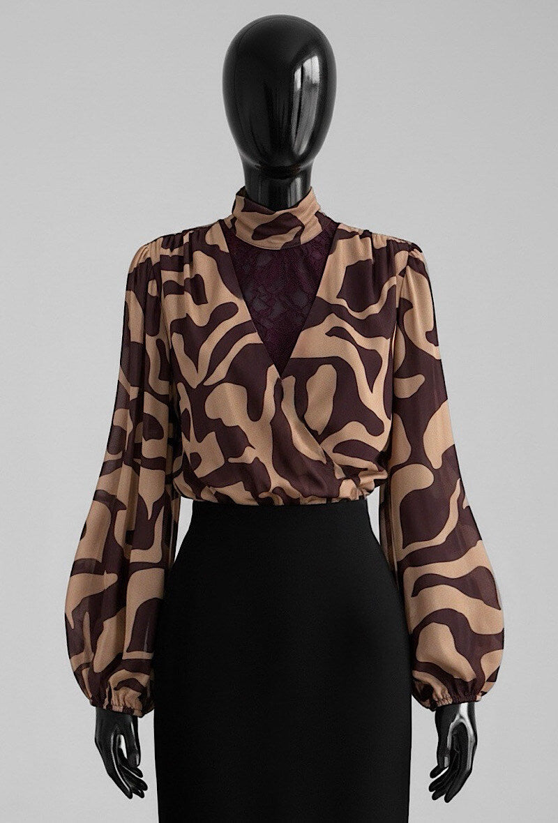 ES149 Brown Geometric Print Blouse