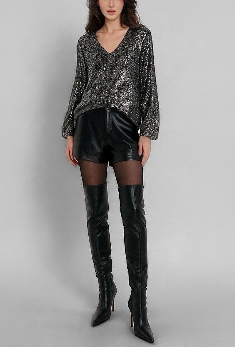 ES160 Silver Sequin V-Neck Top
