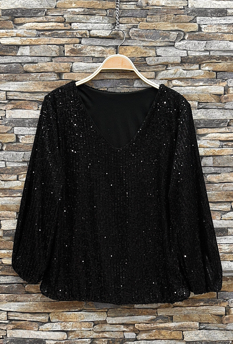 ES161 Black Sequin V-Neck Top